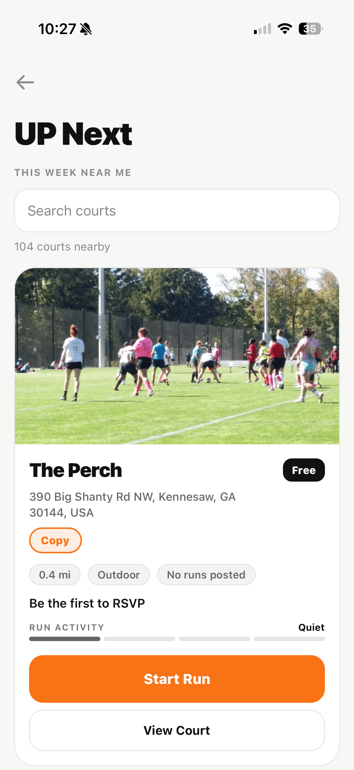 NextUp game details screen with RSVP player list